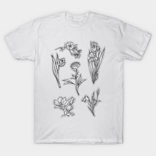 Black and white Spring Flowers set, Art Nouveau flower pattern, nature, Tulip, Iris, Cherry Blosom, Primrose, Pastel, Watercolor style T-Shirt